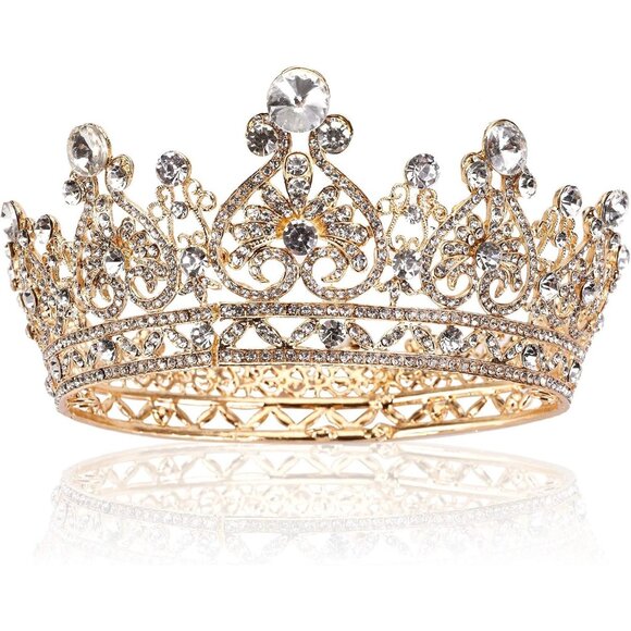 Women's Gold Full Round Diamond Crystal Bridal Wedding Crowns Tiaras Headband - Picture 1 of 4